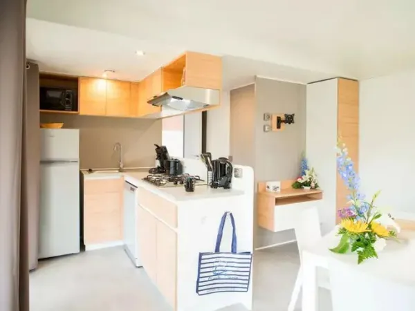 La cucina e il soggiorno della casa mobile Roan Supreme con 2 bagni.