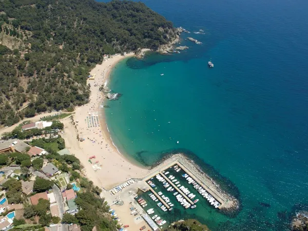 Panoramica della spiaggia e del porto del campeggio Roan Cala Canyelles.