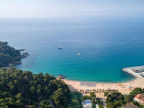 Panoramica della spiaggia con mare del campeggio Roan Cala Canyelles.