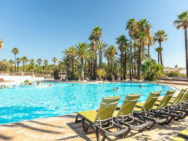 Piscina e lettini al Roan camping La Baume.