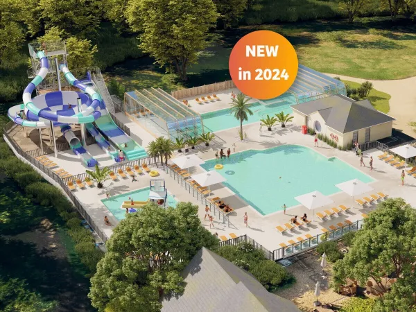 Panoramica della nuova piscina 2024 del campeggio Roan Domaine de la Brèche.
