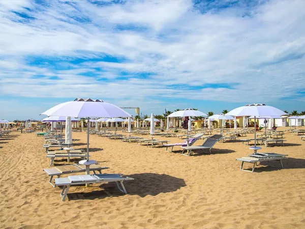 Spiaggia con lettini e ombrelloni al campeggio Roan Sole Family Camping Village.