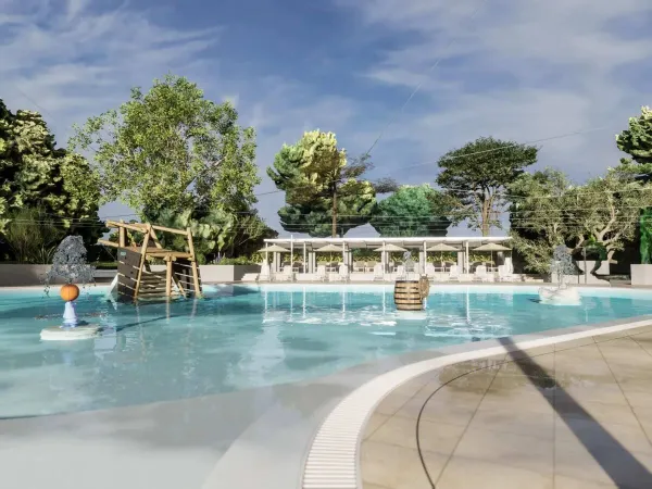 Immagine d'impatto della nuova area piscina del Roan camping Polari.
