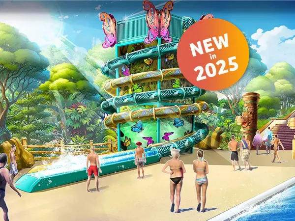 Nuovi scivoli nel rinnovato complesso di piscine "Speedy Island" del campeggio Roan Union Lido Mare.
