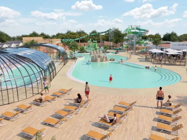 Panoramica della nuova piscina nel 2025 al campeggio Roan Le Domaine du Clarys.
