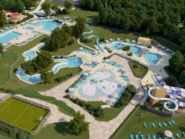 Panoramica della piscina con nuovi scivoli nel 2025 al campeggio Roan Saint Avit Loisirs.