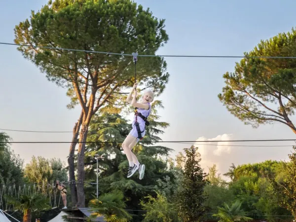 Ziplining tra le cime degli alberi al campeggio Roan hu Altomincio village.
