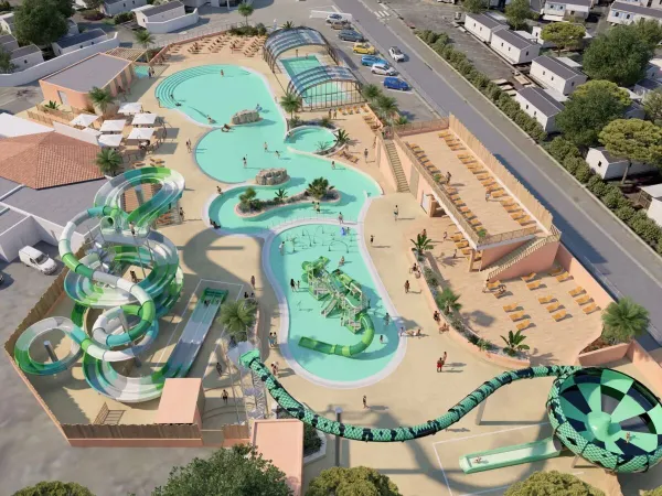 Vista aerea del parco acquatico Roan camping Le Domaine du Clarys. Nuovo nel 2025!