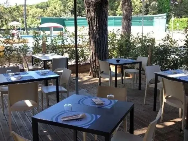 Terrazza all'ombra della piscina del Roan camping Del Forte.
