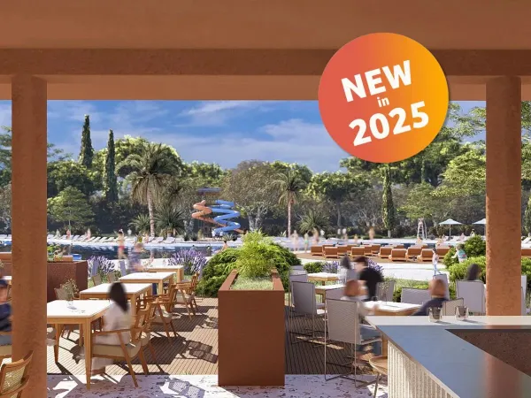 Immagine d'impatto della terrazza della nuova piscina con scivoli del campeggio Roan di Zaton Holiday Resort.