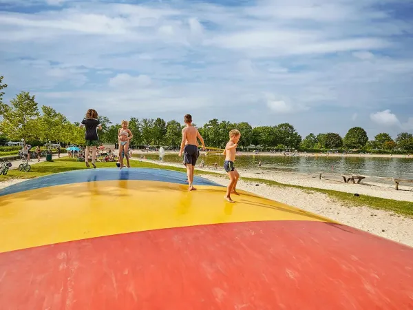 Trampolino elastico con bambini che saltano sulla spiaggia del Roan camping Terspegelt.