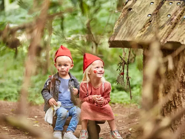Due bambini indossano cappelli da gnomo durante il trekking degli gnomi al campeggio Roan Terspegelt.