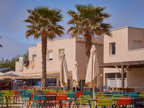 La colorata terrazza con le palme del campeggio Roan Le Petit Mousse.