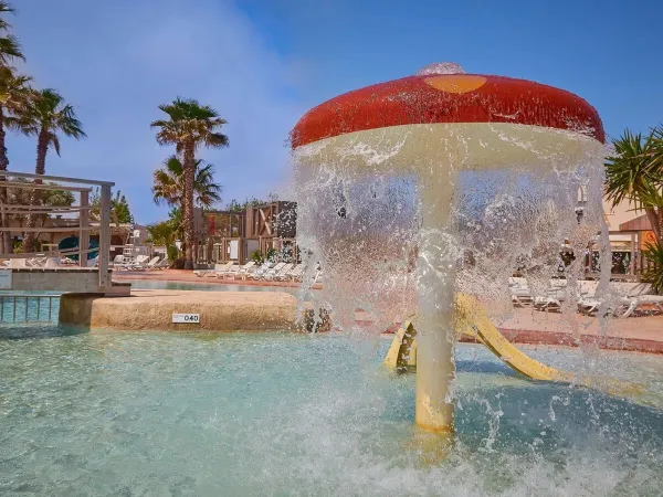 Nebulizzazione di funghi nella piscina per bambini del campeggio Roan Le Petit Mousse.