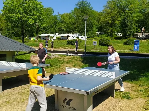 Una famiglia gioca a ping-pong al campeggio Roan Le Lac des Vieilles Forges.