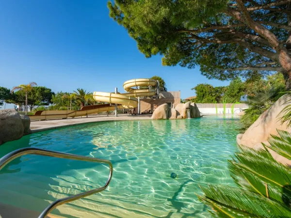 Piscina splendidamente curata con molti alberi e piante al Roan camping Arinella Bianca