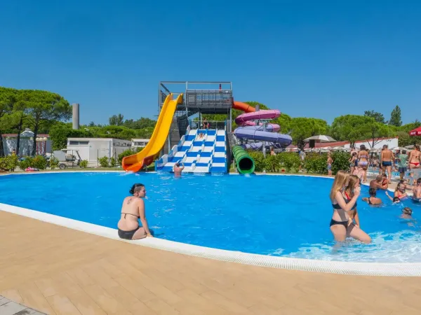 Piscina con scivoli divertenti al campeggio Roan Marina Julia Camping Village.
