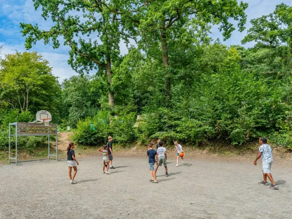 I bambini giocano a basket al campeggio Roan Le Lac des Vieilles Forges.