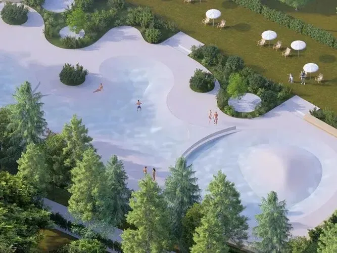 Immagine d'impatto della nuovissima piscina del campeggio Lido Verbano.