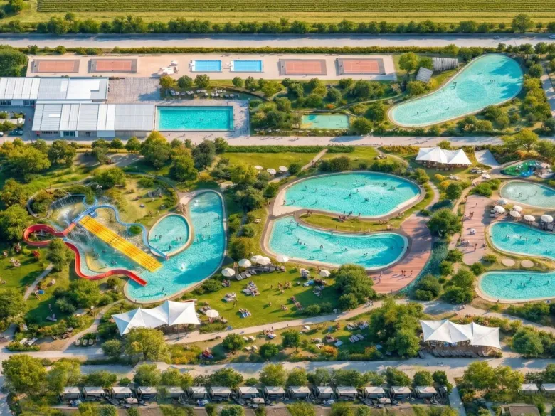 Vista dall'alto della piscina del Roan camping hu Eraclea Mare.