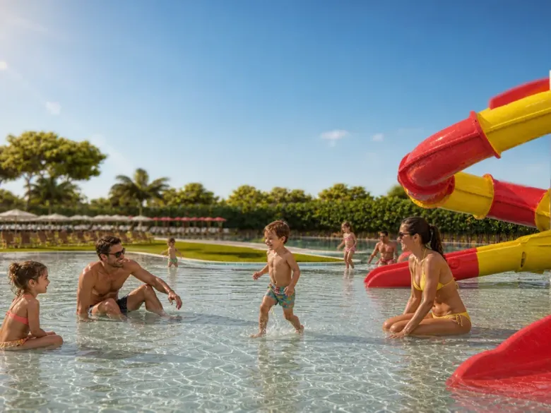 Immagine generata da IA: Piscina per bambini con scivolo Roan Camping Delta Open Air Resort.