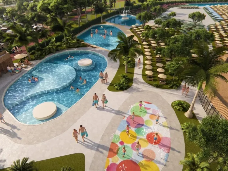 Immagine generata dall'IA del complesso di piscine del campeggio Roan Delta Open Air Resort.