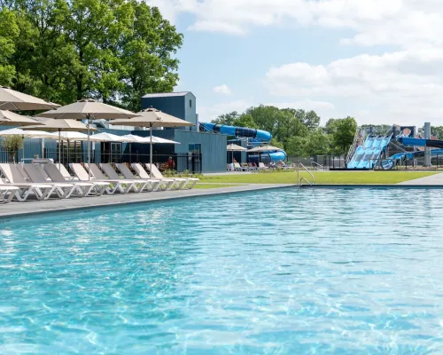 Piscina riscaldata all'aperto con 4 scivoli d'acqua al Roan camping De Twee Bruggen.