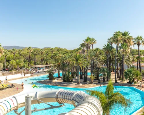 Bellissima piscina con palme al Roan camping La Baume.