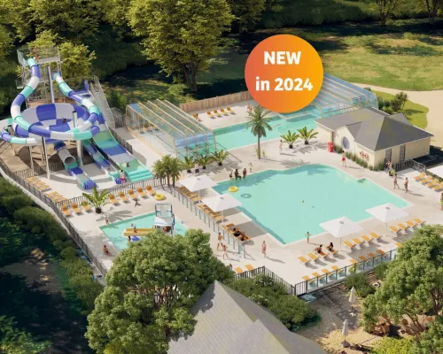 Panoramica della nuova piscina 2024 del campeggio Roan la Brèche.