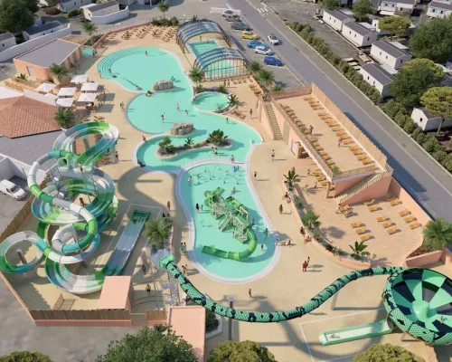 Vista aerea del parco acquatico Roan camping Le Domaine du Clarys. Nuovo nel 2025!