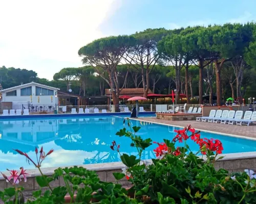 Piscina con lettini al Roan camping Del Forte.