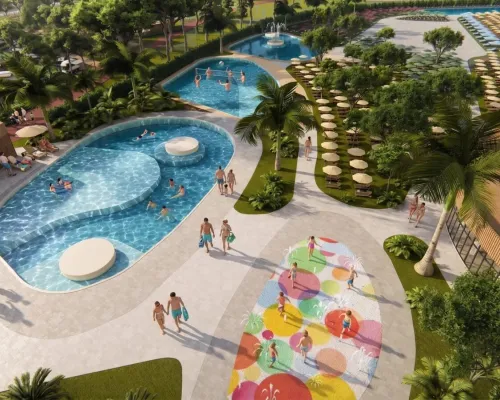 Immagine generata dall'IA del complesso di piscine del campeggio Roan Delta Open Air Resort.